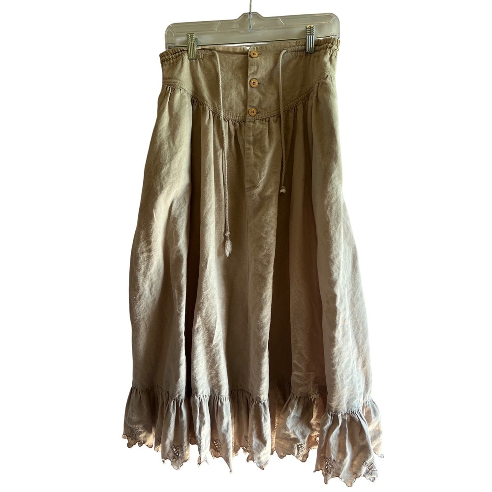 Outback Red Cottagecore Boho Cotton Prairie Midi Skirt‎ Tan Eyelet Ruffle Small
